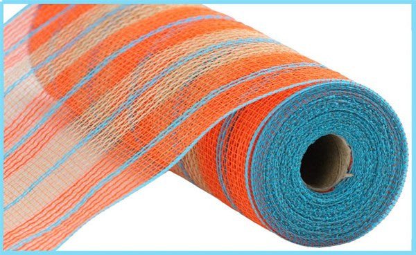 10.5" Poly Faux Jute Mesh: Orange/Natural/Turquoise Stripe - RY8330X4 - The Wreath Shop