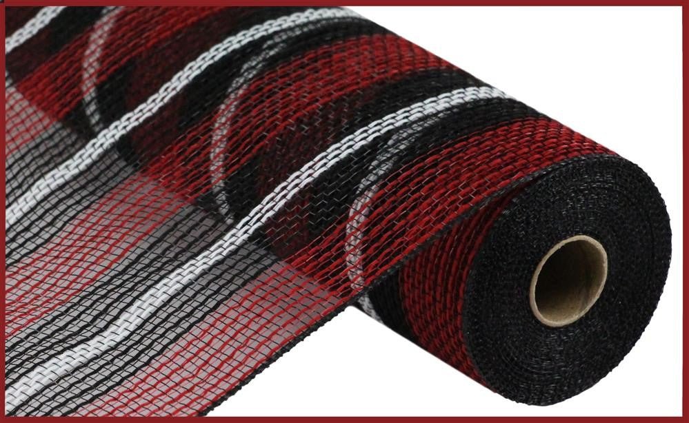 10.5" Poly Faux Jute Mesh: Red/Blk/Wht Mix Stripe - RY8327H9 - The Wreath Shop