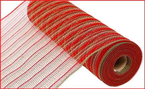 10.5" Poly Faux Jute Mesh: Red/Moss Green/Natural - RY830361 - The Wreath Shop