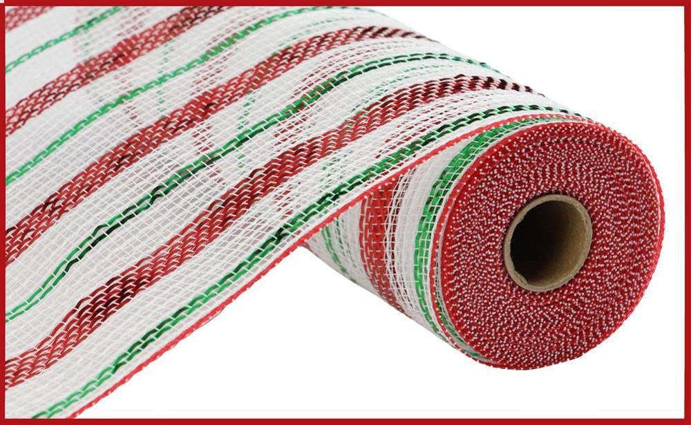 10.5" Poly Faux Jute Mesh: Wht/Red/Emerald - RY8020R3 - The Wreath Shop