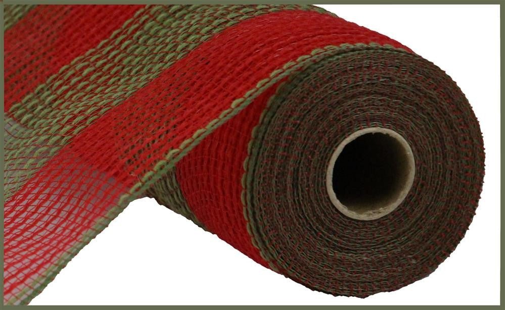 10.5" Poly Faux Jute Mesh: Wide Red/Moss Green Stripe - RY831458 - The Wreath Shop