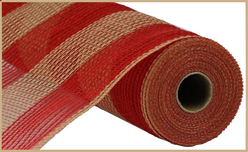 10.5" Poly Faux Jute Mesh: Wide Red/Natural Stripe - RY831452 - The Wreath Shop