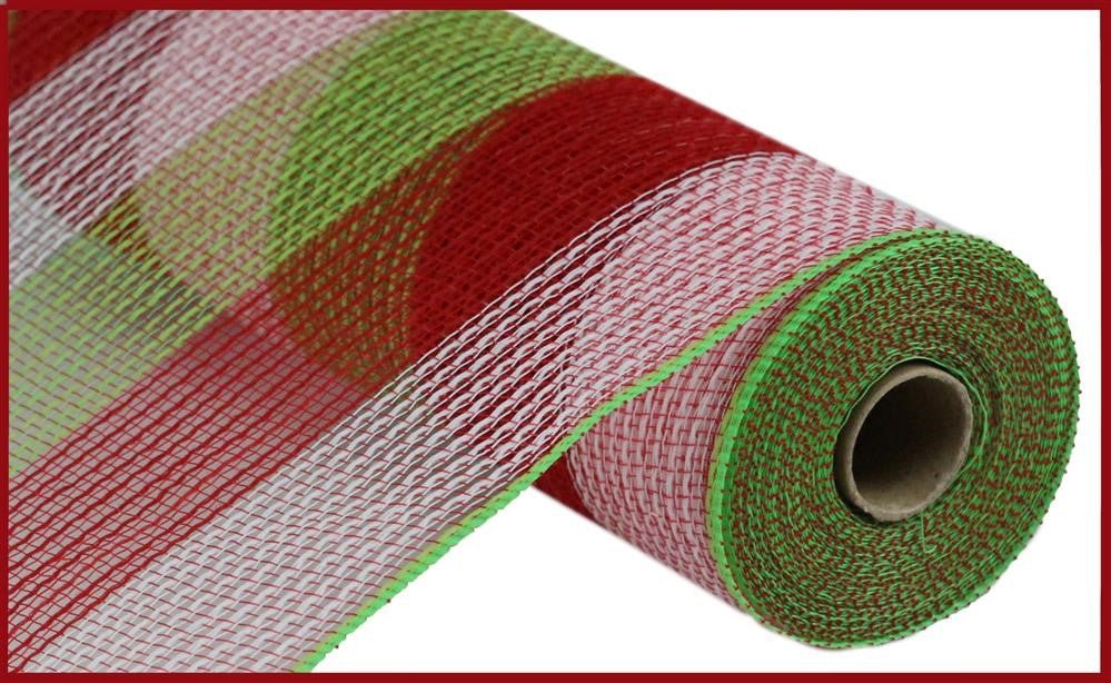 10.5" Poly Faux Jute Mesh: Wide Stripe Red/Lime/Wht Stripe - RY8316D7 - The Wreath Shop