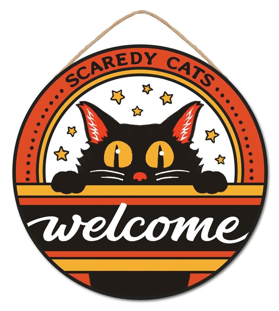 10.5" Round Scaredy Cats Welcome Sign - AP7301 - The Wreath Shop