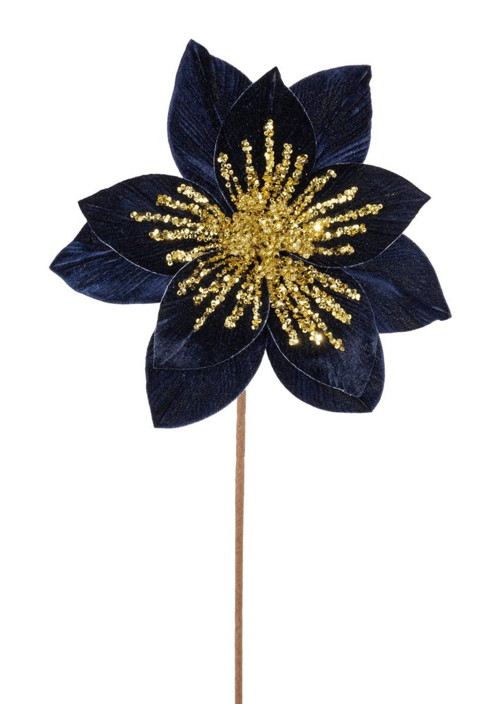 11" Dia Navy/Gold Velvet Glitter Poinsettia - XS401573 - The Wreath Shop