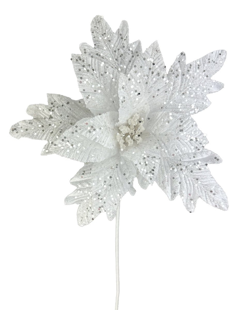 12" Dia White Glitter Poinsettia Stem - 86060WT - The Wreath Shop