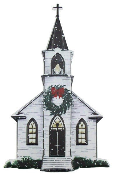 12" Embossed Metal Winter Church - MD0620 - The Wreath Shop