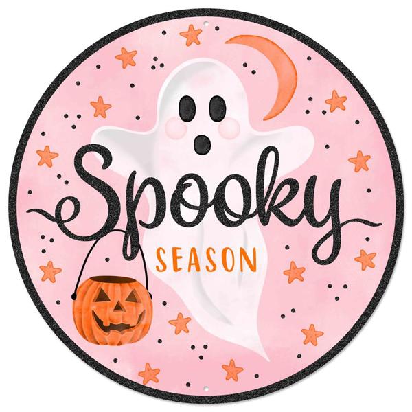 12" Metal Spooky Season Ghost Sign: Pink - MD1185 - The Wreath Shop