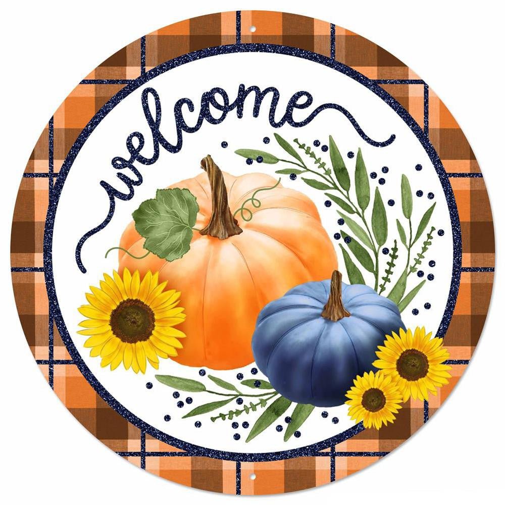 12" Metal Welcome Sign w/ Pumpkins: Org/Navy - MD096719 - The Wreath Shop