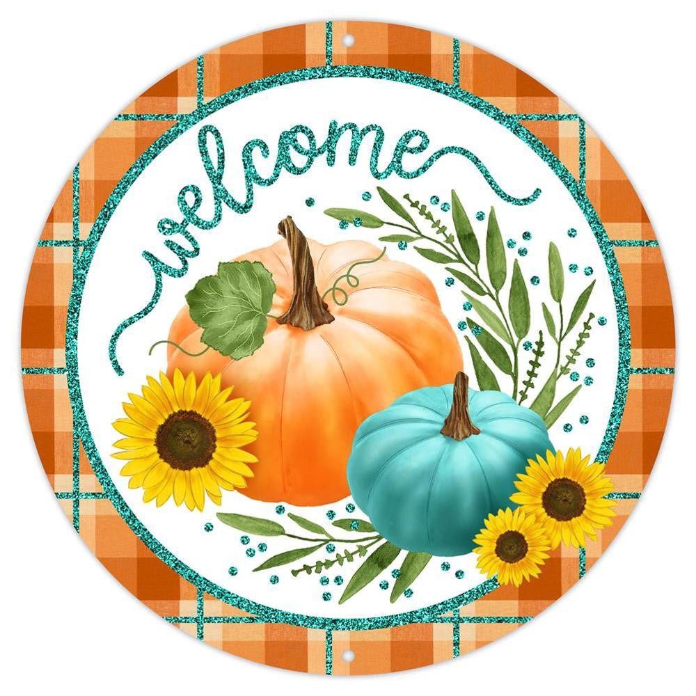 12" Metal Welcome Sign w/ Pumpkins: Org/Teal - MD096742 - The Wreath Shop