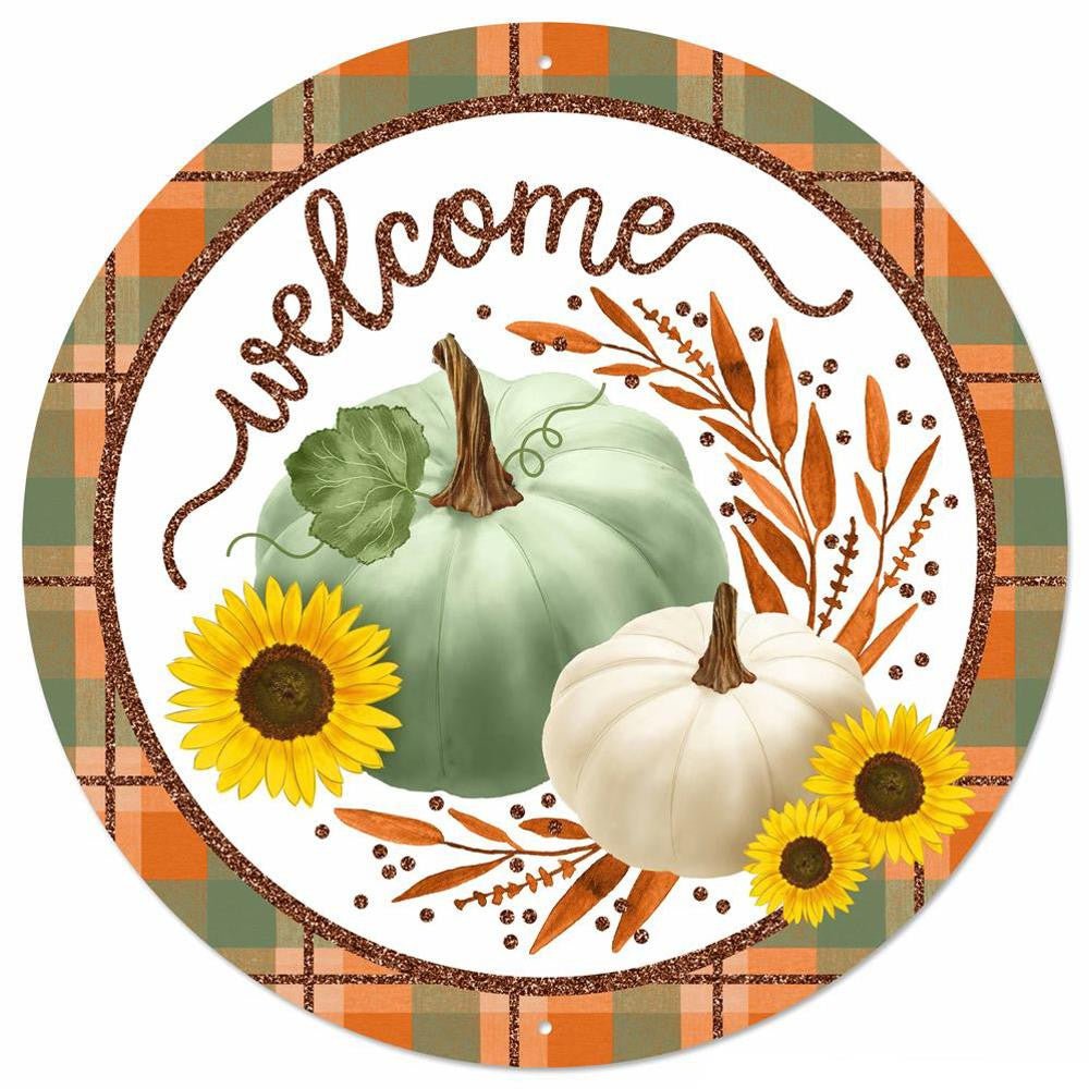 12" Metal Welcome Sign w/ Pumpkins: Sage/Org/Crm - MD096743 - The Wreath Shop