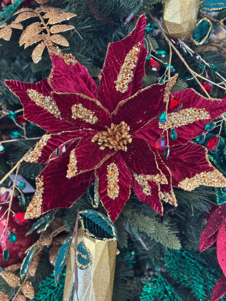 13" Dia. Velvet/Glitter Poinsettia Stem: Burgundy - XS411105 - The Wreath Shop