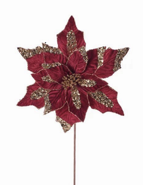 13" Dia. Velvet/Glitter Poinsettia Stem: Burgundy - XS411105 - The Wreath Shop