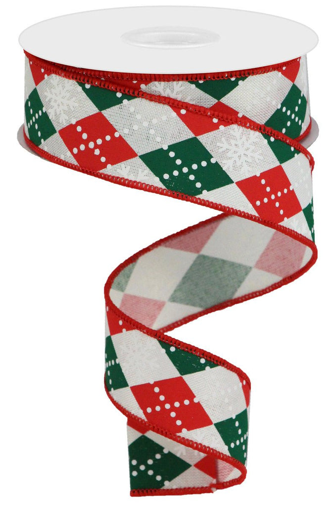 1.5" Argyle Snowflake Ribbon: Wht/Red/Emerald - 10yds - RGA135233 - The Wreath Shop