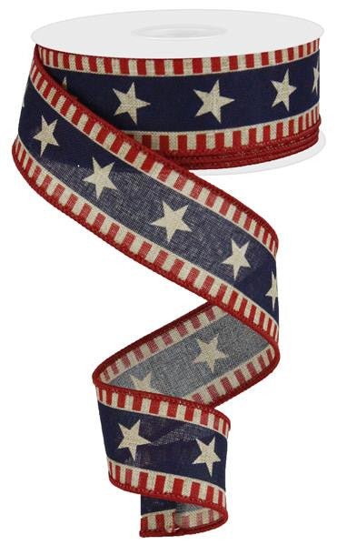 1.5" Bold Star/Stripe Ribbon: Red/Beige/Blue - 10yds - RG01720R2 - The Wreath Shop