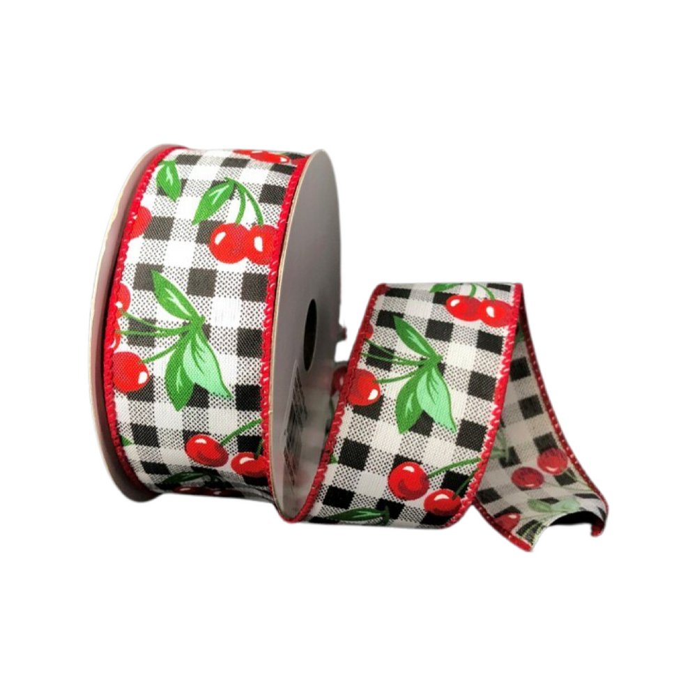 1.5" Cherry Print Polyester Ribbon: Blk/Wht Check- 10Yd - 41134-09-12 - The Wreath Shop