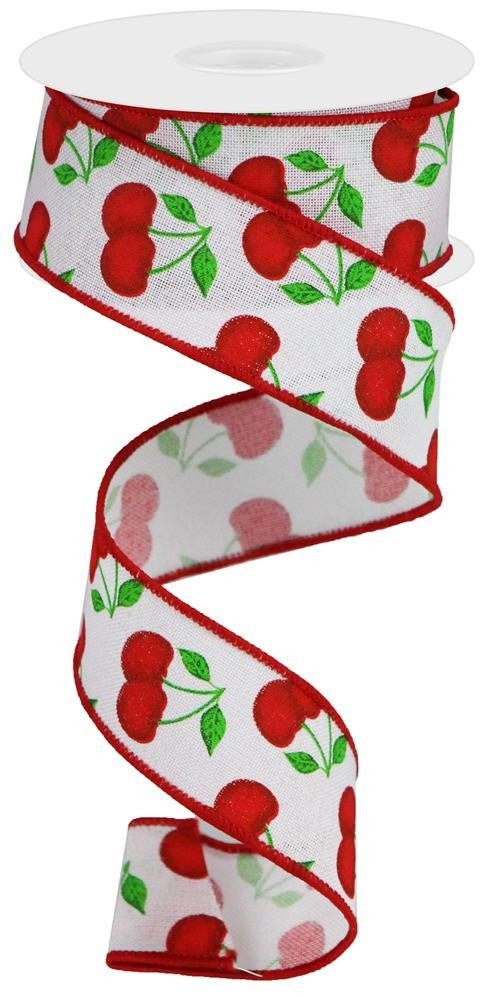 1.5" Cherry Print Ribbon: White - 10yds - RGA164327 - The Wreath Shop
