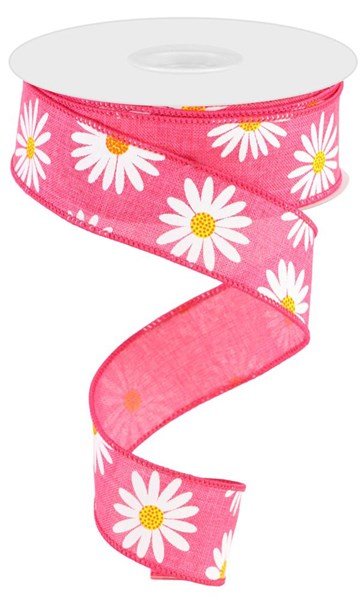 1.5" Daisy Print on Royal Burlap Ribbon: Hot Pink - 10yds - RGC173911 - The Wreath Shop