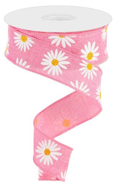 1.5" Daisy Print on Royal Burlap Ribbon: Pink - 10yds - RGC173922 - The Wreath Shop