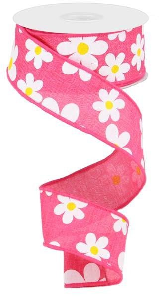 1.5" Daisy Print Ribbon: Hot Pink - 10yds - RG0193411 - The Wreath Shop