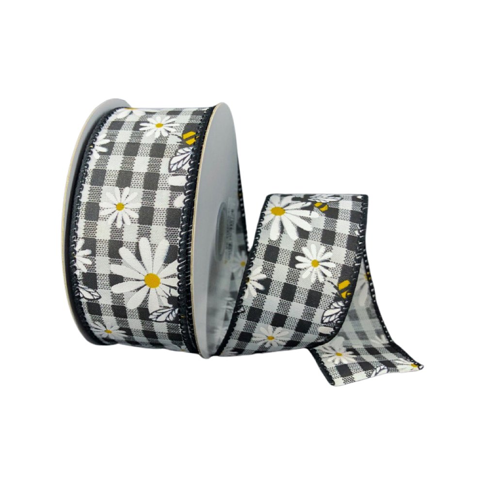 1.5" Daisy/Bee Print on Black/White Gingham Ribbon - 10yds - 41232-09-21 - The Wreath Shop