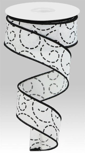 1.5" Dashed Swirl Ribbon: White/Black - 10yds - RGC127427 - The Wreath Shop