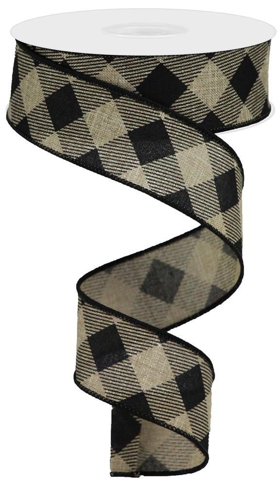 1.5" Diagonal Check Ribbon: Beige/Black - 10yds - RGA127001 - The Wreath Shop