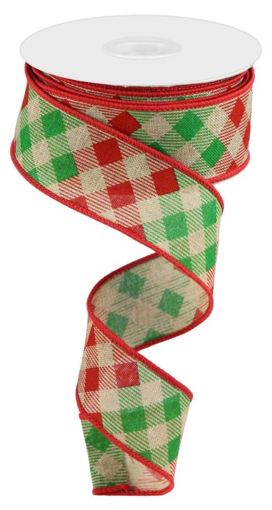 1.5" Diagonal Check Ribbon: Beige/Red/Emerald - 10yds - RGC150801 - The Wreath Shop