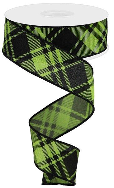 1.5" Diagonal Check Ribbon: Lime Green/Black- 10yds - RGA128233 - The Wreath Shop