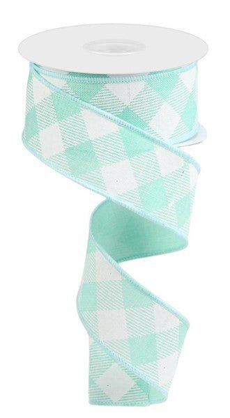 1.5" Diagonal Check Ribbon: Mint/White - 10yds - RGA1264AN - The Wreath Shop