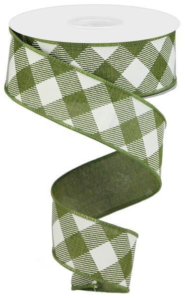1.5" Diagonal Check Ribbon: Moss Green/Ivory - 10yds - RGA127352 - The Wreath Shop