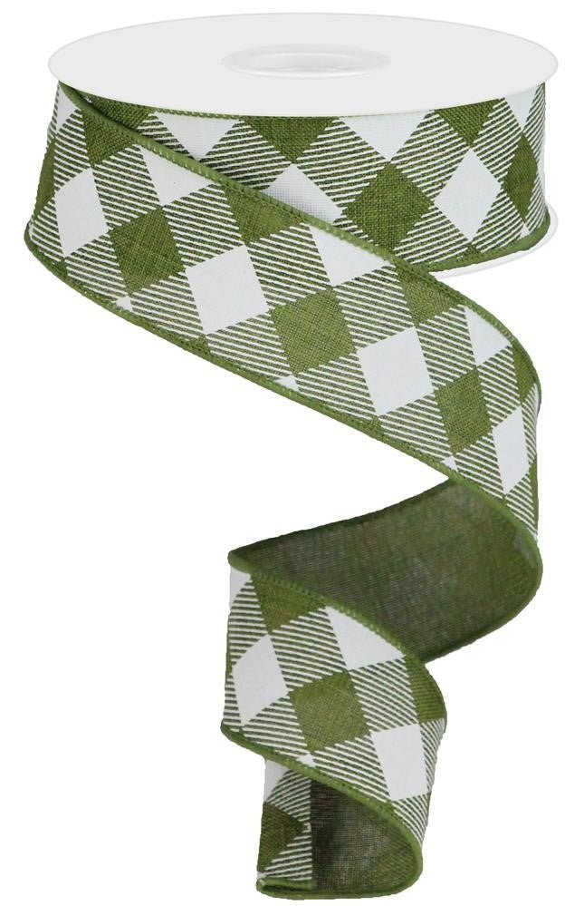 1.5" Diagonal Check Ribbon: Moss Green/White - 10yds - RGA126452 - The Wreath Shop