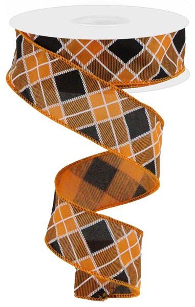 1.5" Diagonal Check Ribbon: Org/Blk/Wht - 10yds - RGC196520 - The Wreath Shop