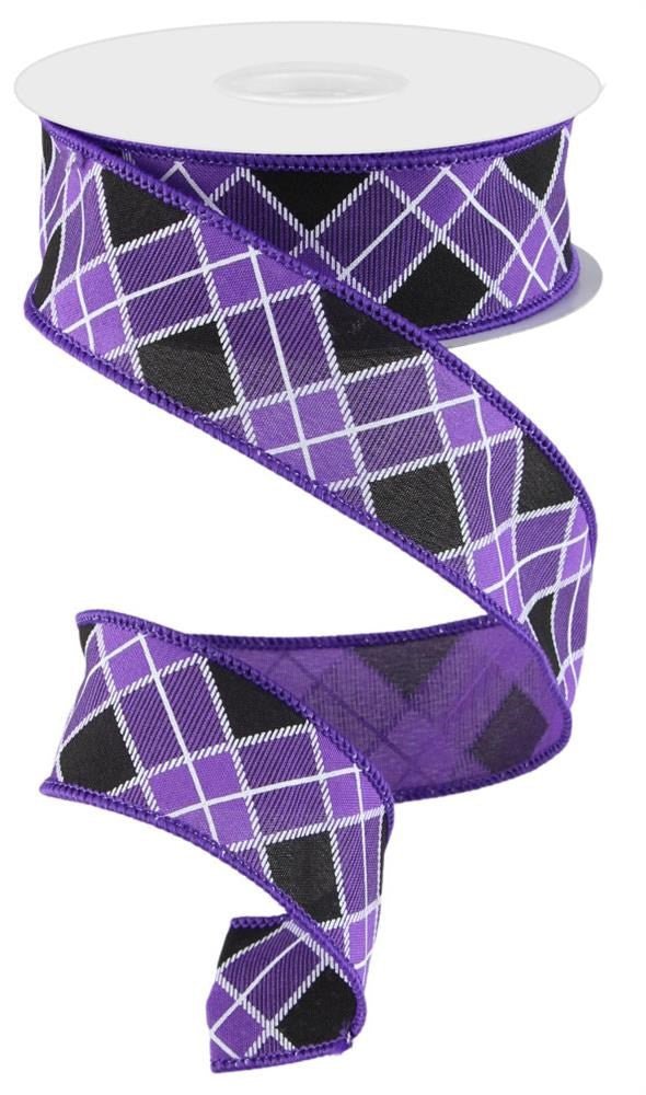 1.5" Diagonal Check Ribbon: Purple/Blk/Wht - 10yds - RGC196923 - The Wreath Shop
