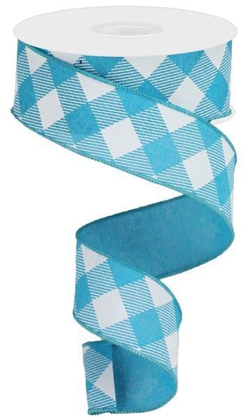 1.5" Diagonal Check Ribbon: Turquoise Blue/White - 10yds - RGA1264A2 - The Wreath Shop