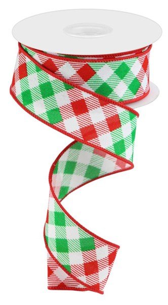 1.5" Diagonal Check Ribbon: White/Red/Emerald - 10yds - RGC150827 - The Wreath Shop