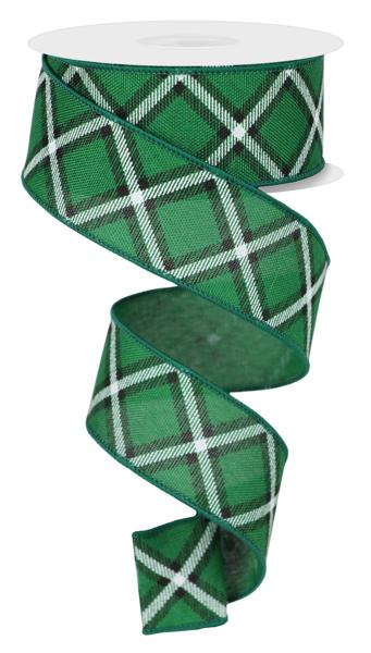 1.5" Diagonal Dash Check Ribbon: Emerald Green/Black/White - 10yds - RGE156006 - The Wreath Shop