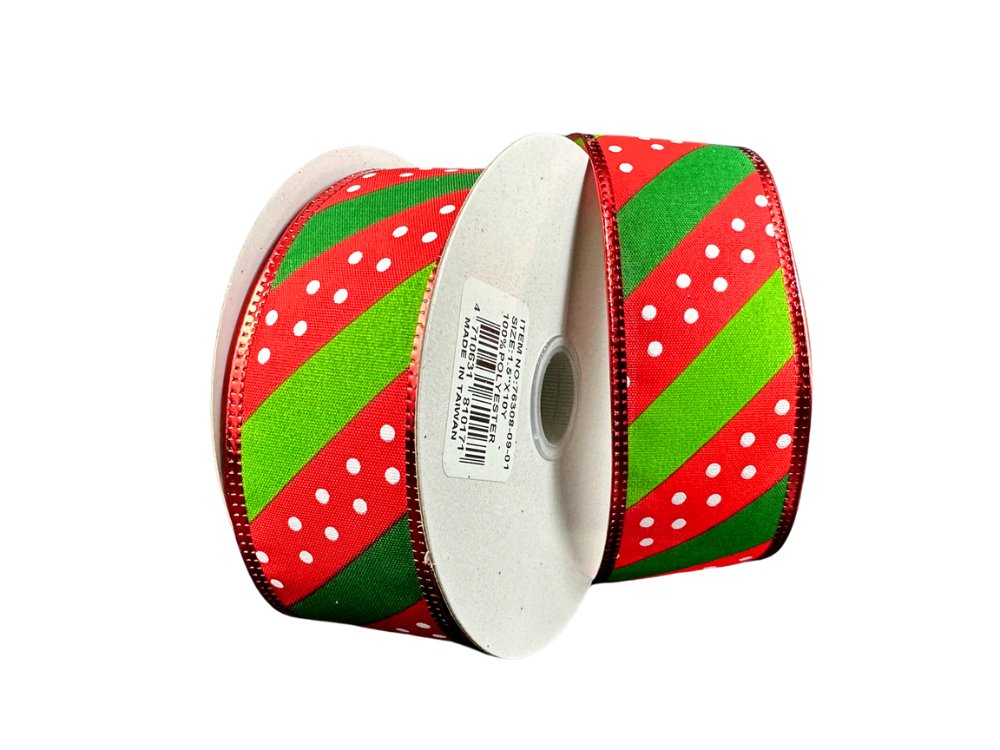 1.5" Diagonal Dot Stripe Ribbon: Red/Lime/Emer/White - 10yds - 76308 - 09 - 01 - The Wreath Shop