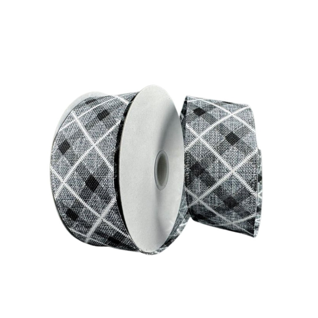 1.5" Diagonal Glitter Plaid Ribbon: Grey/Black/White - 10yds - 76323-09-51 - The Wreath Shop