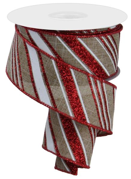 1.5" Diagonal Glitter Stripe Ribbon: Beige/Red/White - 10yds - RGE141901 - The Wreath Shop