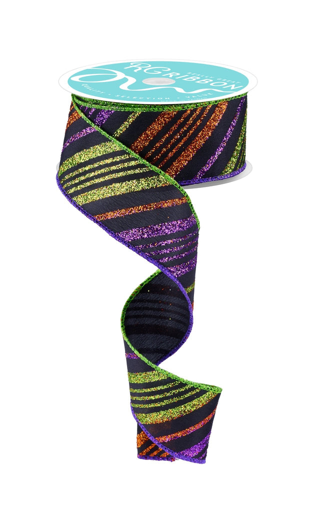 1.5" Diagonal Glitter Stripe Ribbon: Blk/Purple/Orange/Lime - RGF1430CY - The Wreath Shop