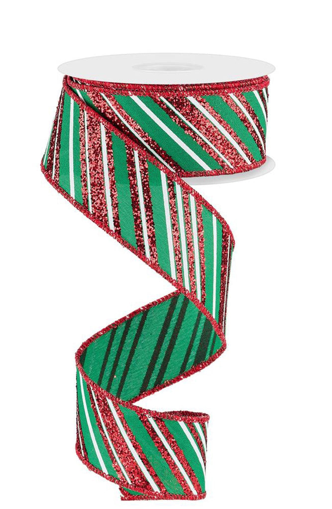 1.5" Diagonal Glitter Stripe Ribbon: Emerald/Red/Wht - 10Yds - RGE185206 - The Wreath Shop