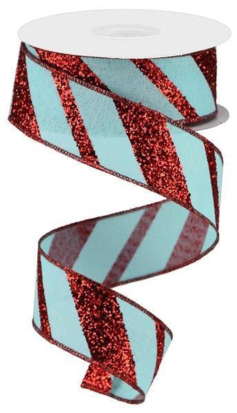 1.5" Diagonal Glitter Stripe Ribbon: Ice Blue/Red - 10yds - RGA1502H1 - The Wreath Shop