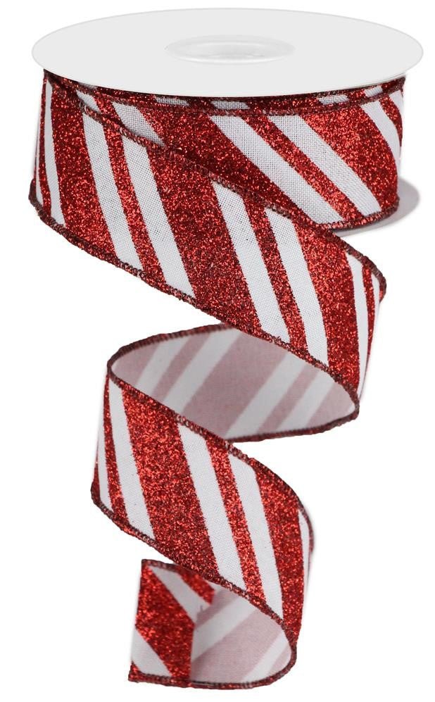 1.5" Diagonal Glitter Stripe Ribbon: Red/White - 10yds - RGA1469F4 - The Wreath Shop