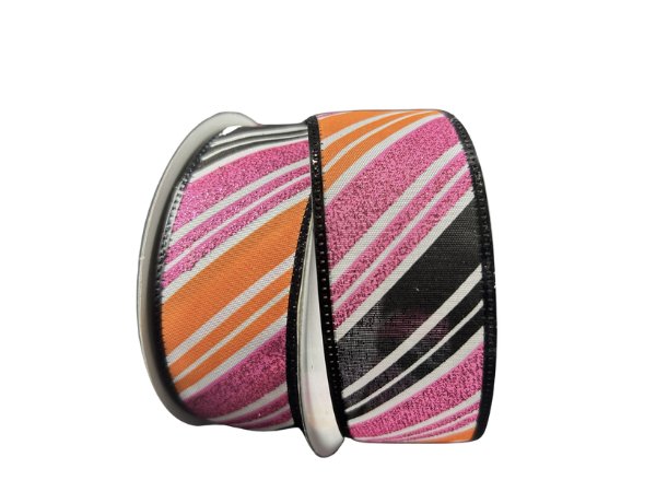 1.5" Diagonal Glitter Stripe Ribbon: White/Black/Orange/Fuchsia - 10yds - 56425 - 09 - 03 - The Wreath Shop