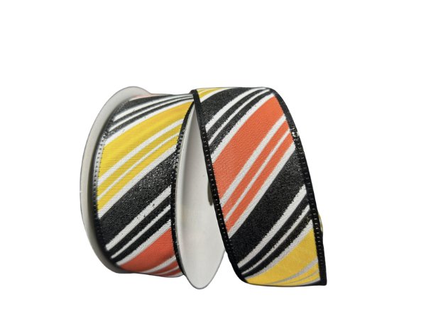 1.5" Diagonal Glitter Stripe Ribbon: White/Black/Orange/Yellow - 10yds - 56425 - 09 - 22 - The Wreath Shop