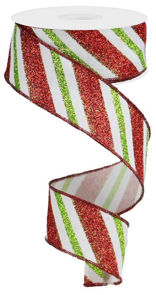 1.5" Diagonal Glitter Stripe Ribbon: White/Red/Lime - 10Yds - RG0176527 - The Wreath Shop