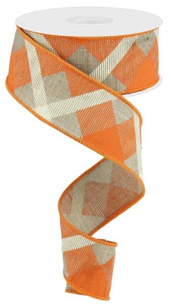 1.5" Diagonal Plaid Ribbon: Beige/Orange/Cream - 10yds - RG0168201 - The Wreath Shop