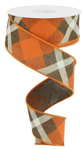1.5" Diagonal Plaid Ribbon: Brown/Orange/Cream - 10yds - RG0168204 - The Wreath Shop