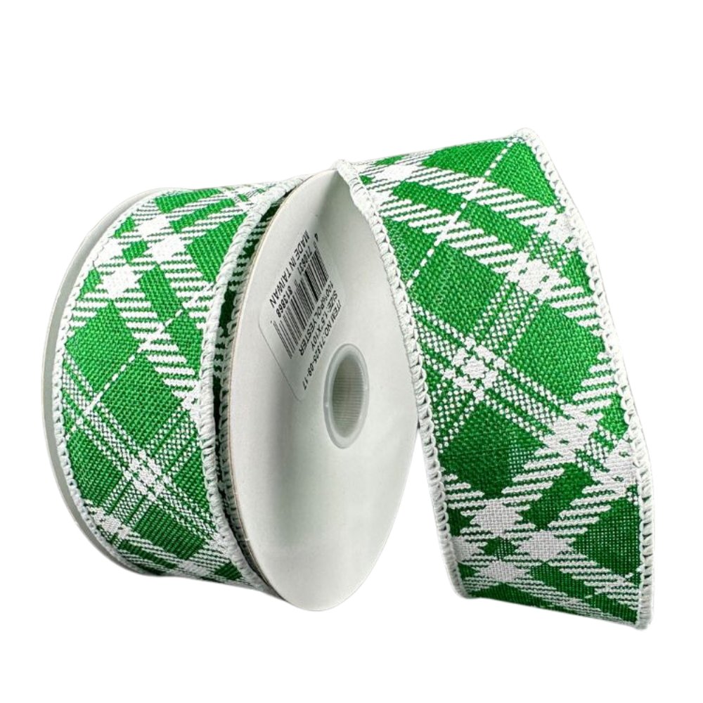 1.5" Diagonal Plaid Ribbon: Emerald Green/White - 10yds - 71325-09-17 - The Wreath Shop